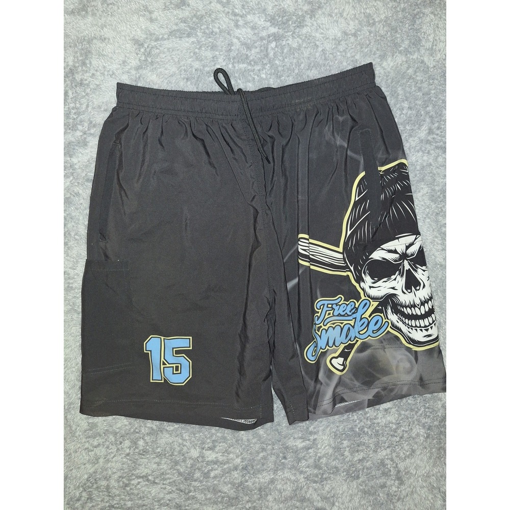 Skull Graphic Shorts Free Smoke Baseball Number 15 Drawstring Pirate Swim Mens L
